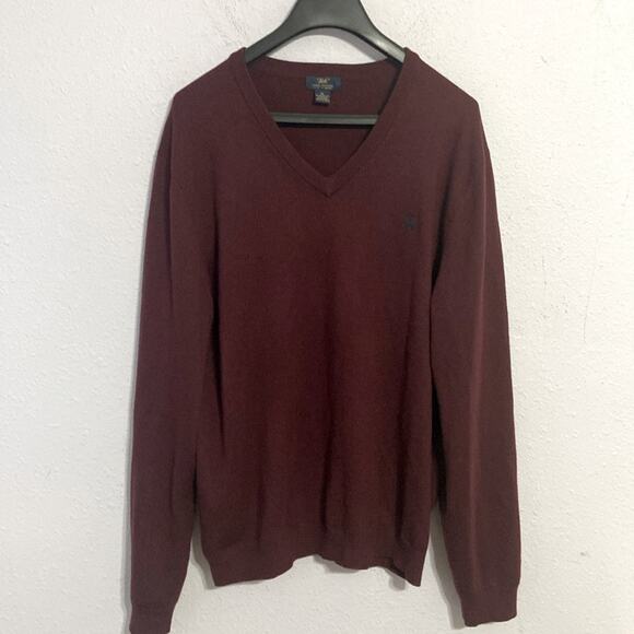 Brooks Brothers Men 346 Burgundy Merino Wool Blend V- Neck Pullover Sweater XL